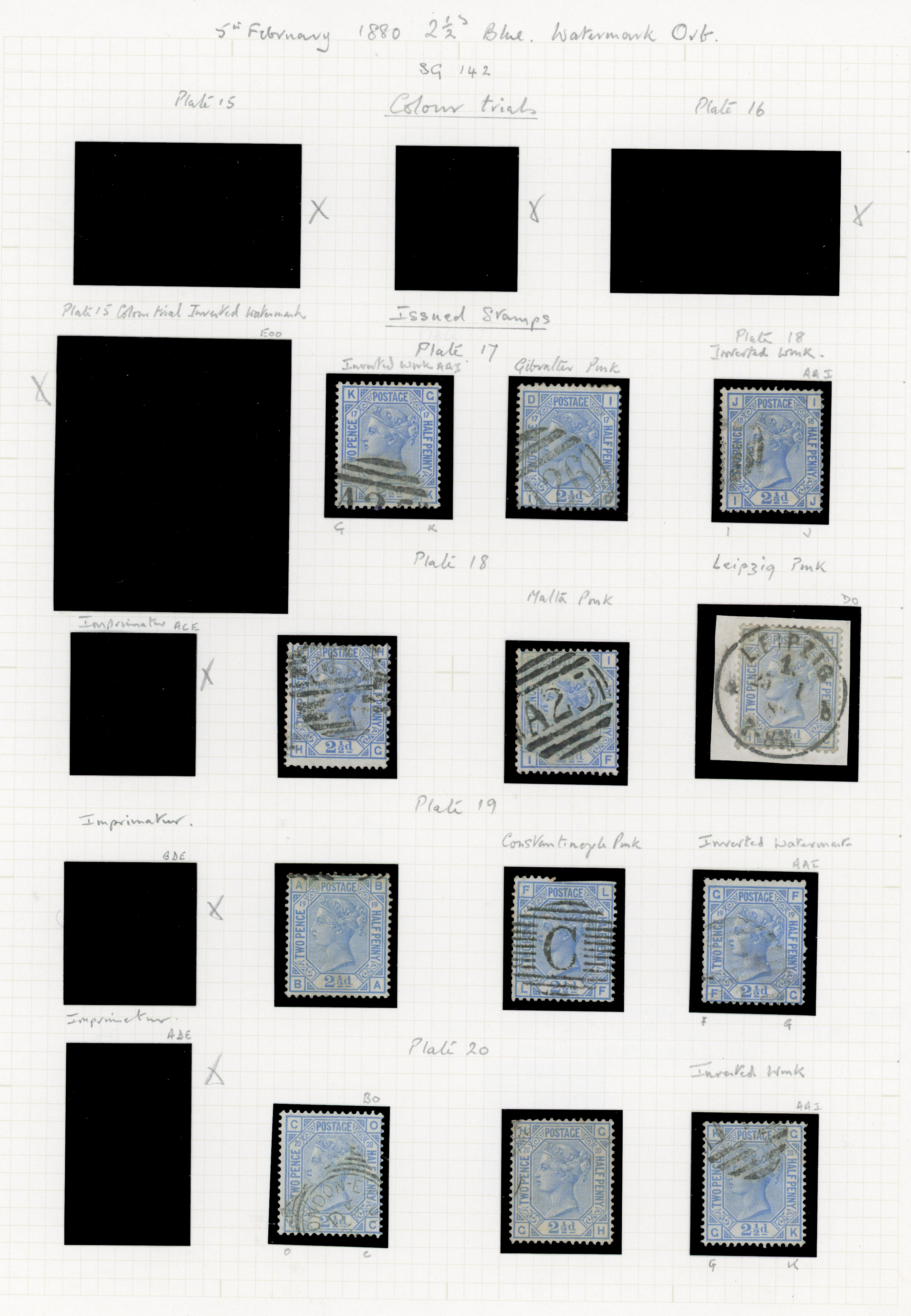 1880 2½d Blue Pl.17-20 (SG141, Wmk. Orb). A group of twelve used examples