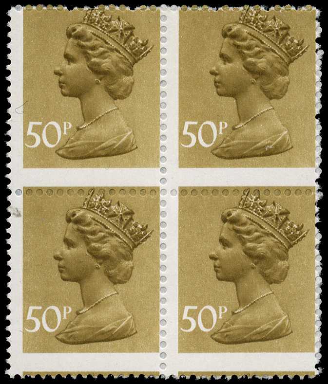 1990 50p ochre block of 4 approx 5mm...