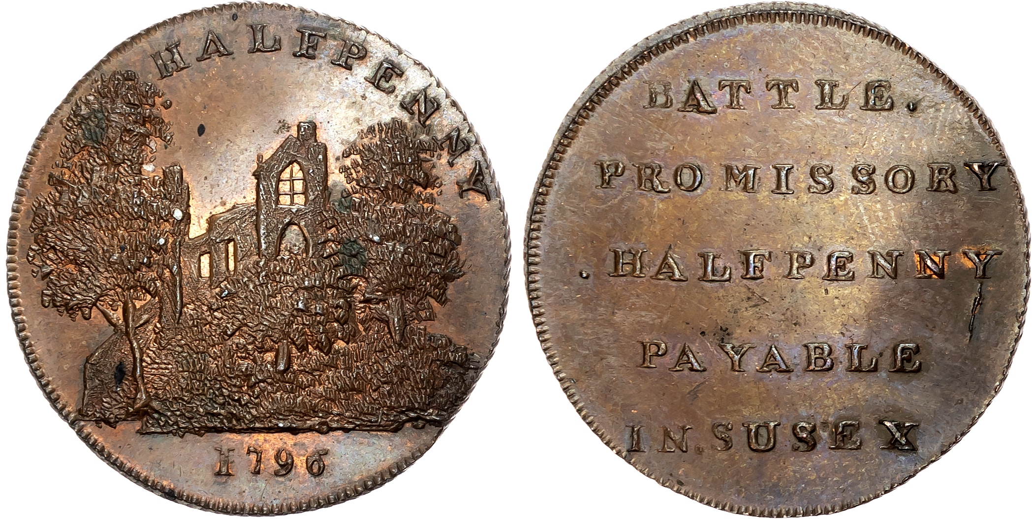 Suss. Battle , Skidmore’s Halfpenny 1796, Ruins of Battle Abbey through trees, rev . BATTLE PROMISSORY HALFPENNY etc. in …