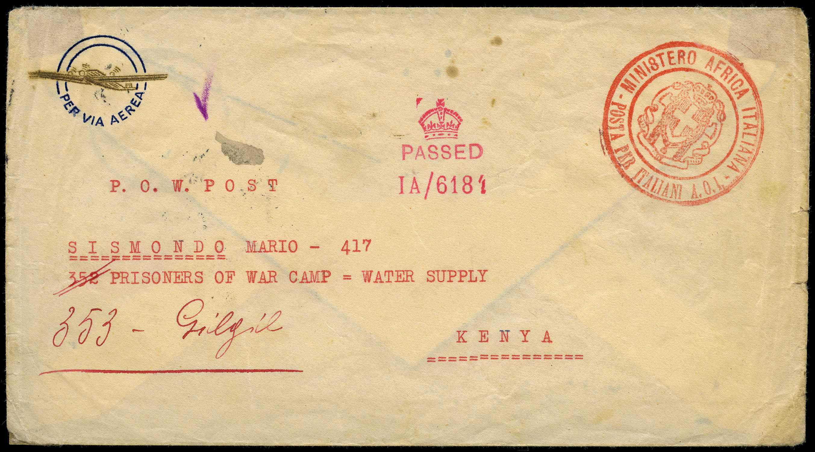 1942 stampless P.O.W. cover to Kenya from...