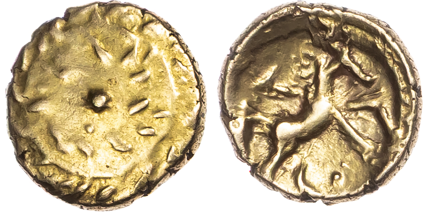 Atrebates and Regini, Tincomarus (c. 25 BC – AD 10) AV ¼ Stater, ‘Spiral’ type, 1.18g.