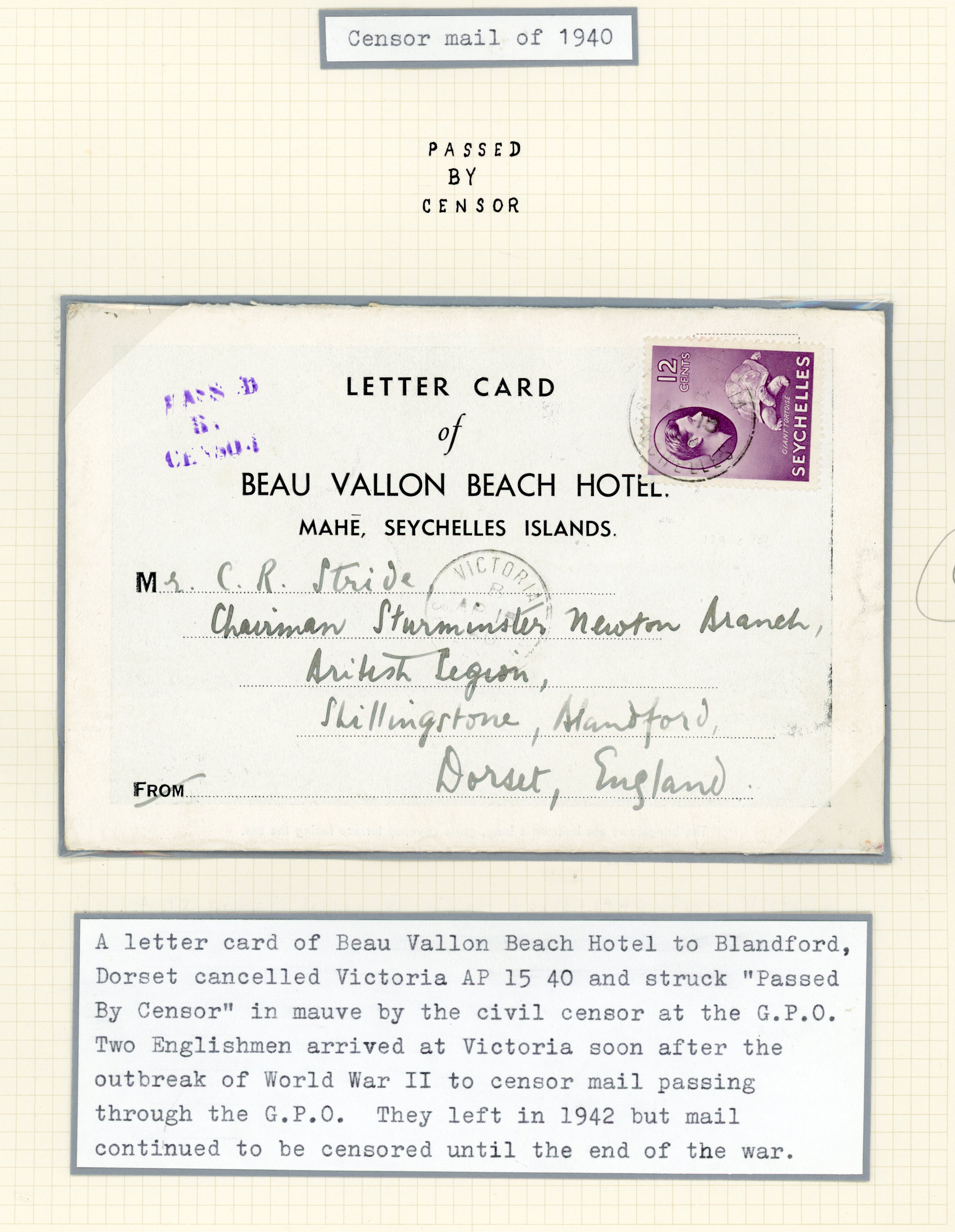 Seychelles 1939/40 Censor covers