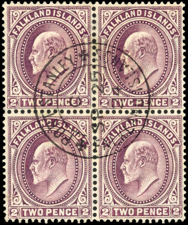 Falkland Islands SG 45ax 2d purple WATERMARK REVERSED used block of 4