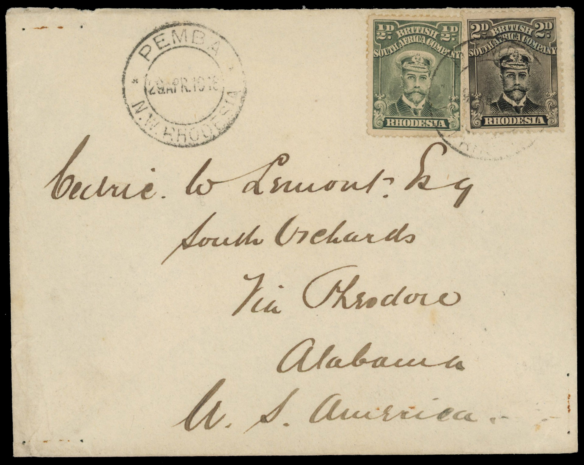 Rhodesia ½d and 2d Admirals on 1916 cover from Pemba to Alabama