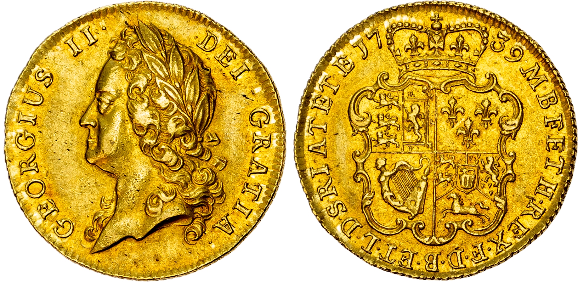 George II (1727-1760), Guinea 1739, Laureate Intermediate Head left, rev. crowned garnished shield, eight strings to har…