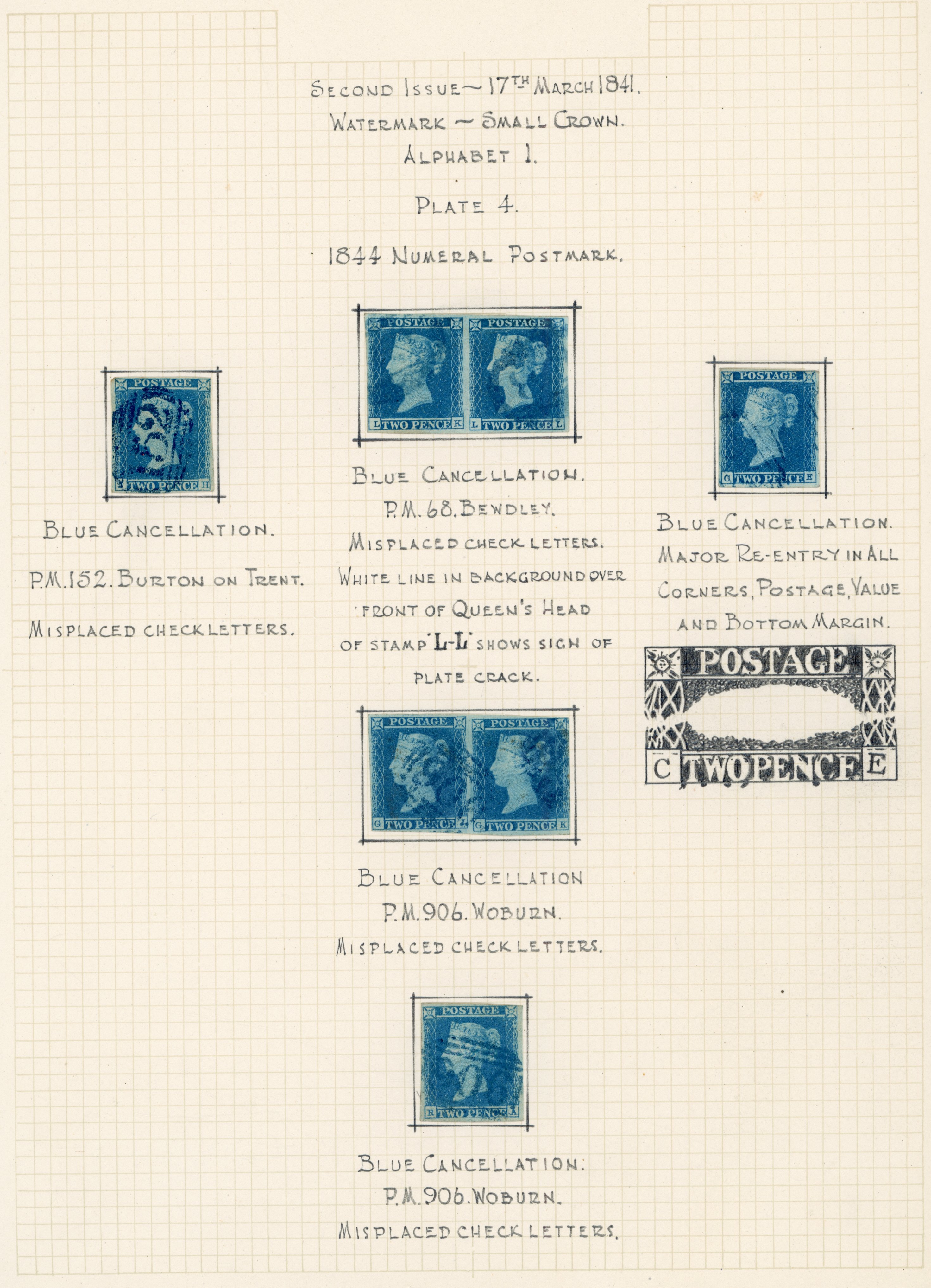GB 1841 2d blue Plate 4 group with blue numerals