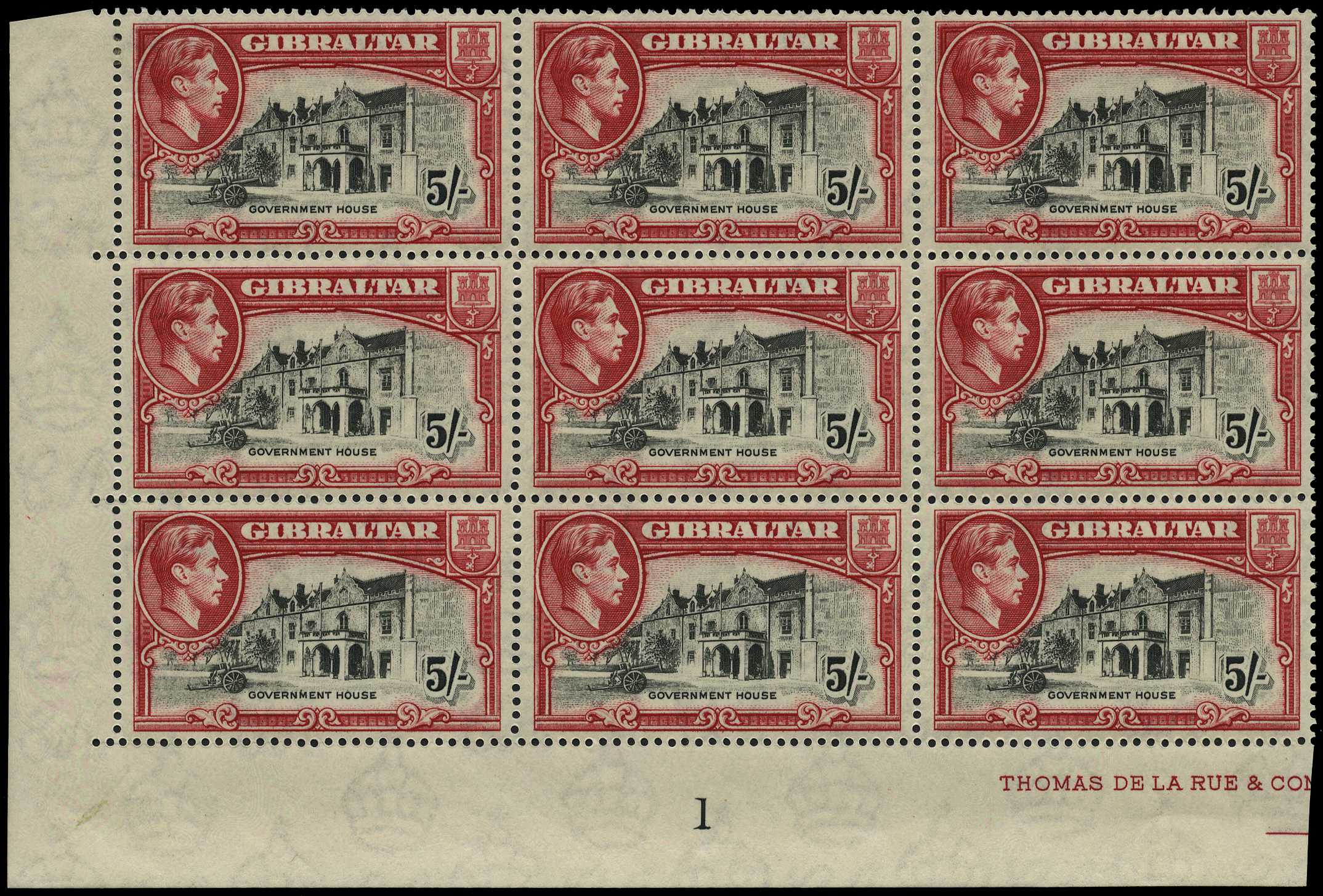 1938 5/- black and carmine perf 14, lower...