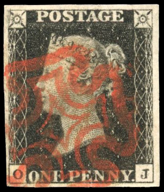 GB 1840 1d black Plate 10, used by red MC, SG 2