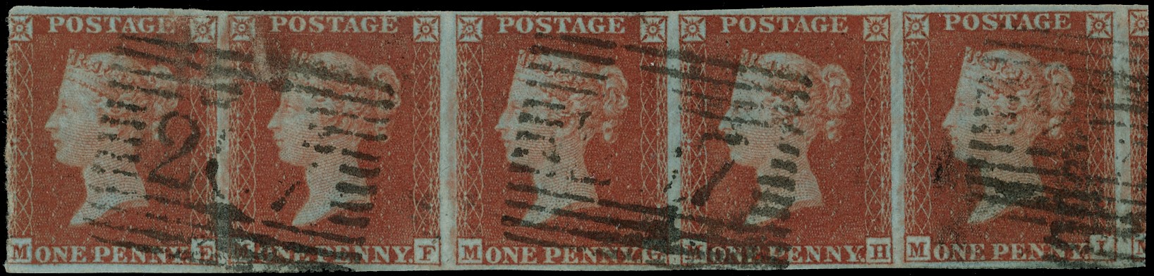1841 1d Red-brown Pl.147. strip of five