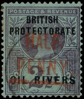 1893 ½d on 2½d handstamped Type 4 in vermilion, fine used on piece with Old Calabar JY 6 94 CDS.  120 printed.  BPA...