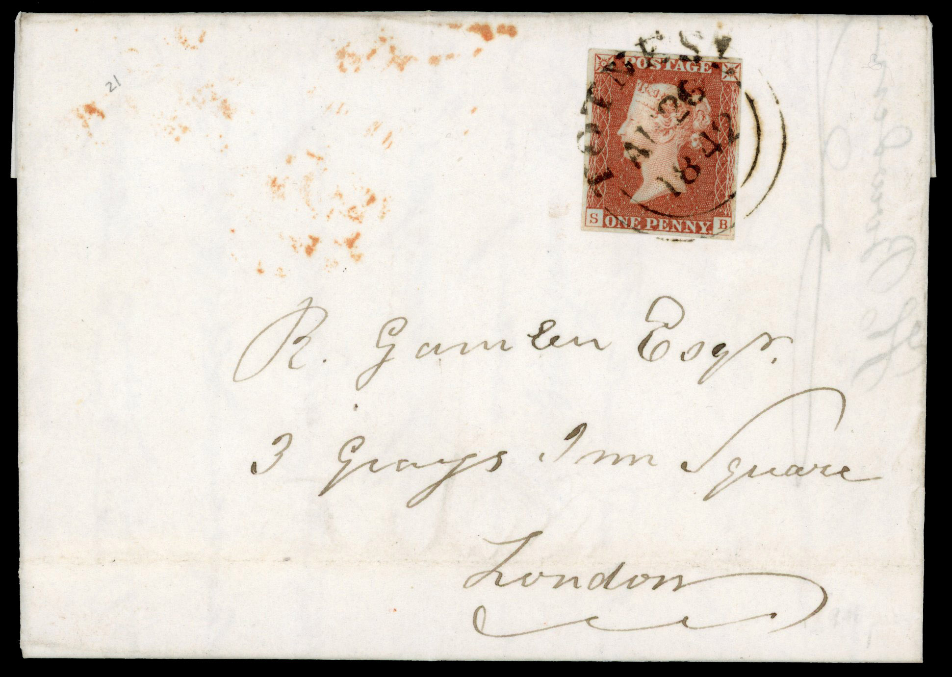 1842 cover from Totness to London 1d red-brown plate 21 