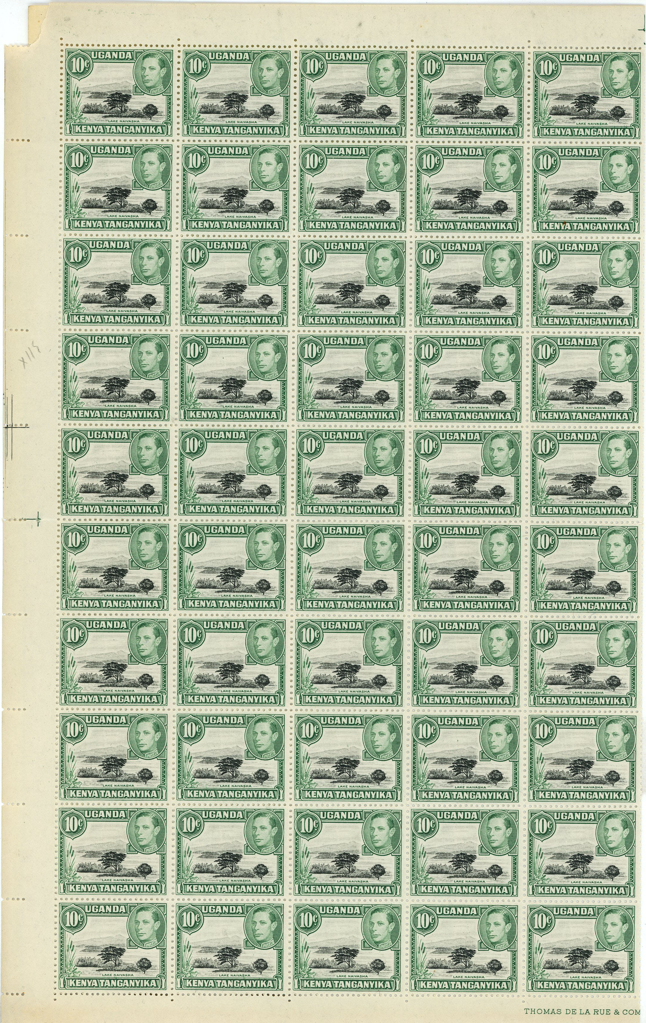 1949 10c black and green Plate 9-7B sheet of 100, a couple of folds, some splitting.  R6/7 Mountain retouch, and...