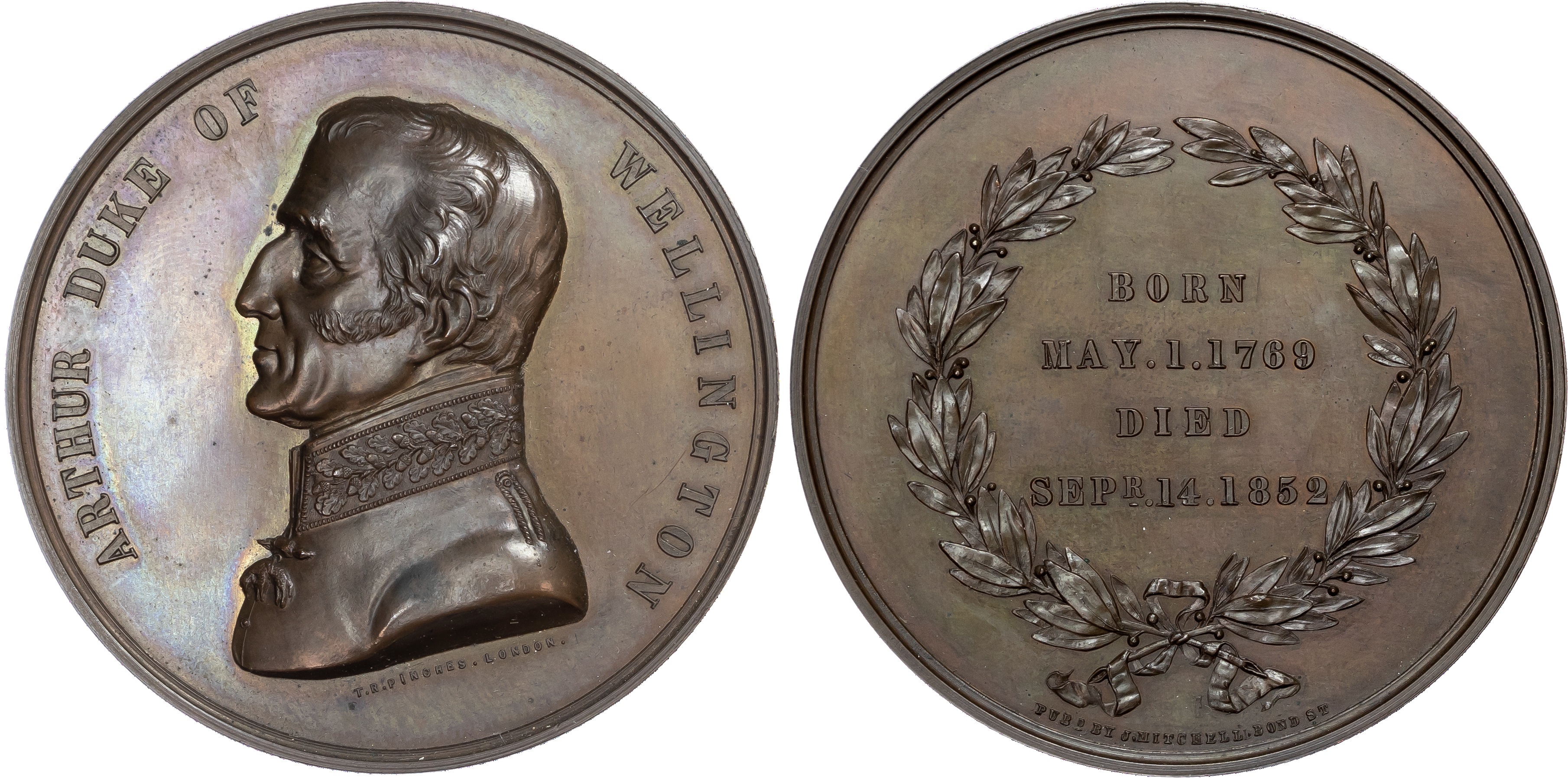 Death of the Duke of Wellington, copper medal (52mm/86.10gm) 1852 by T.R. Pinches.