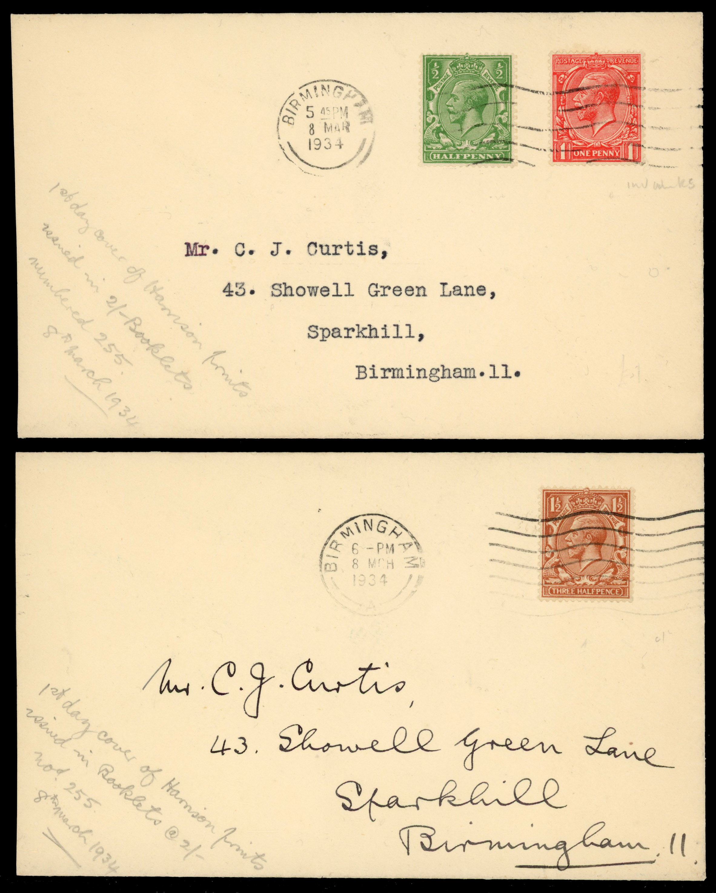 1934 Harrison printings first day cover, Two fine envelopes booklet stamps first day.