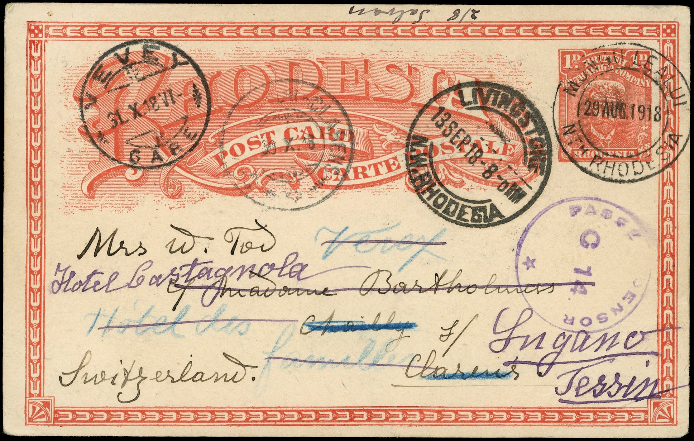 1918 1d red "Admiral" post card used from Mongu Lealui to Switzerland