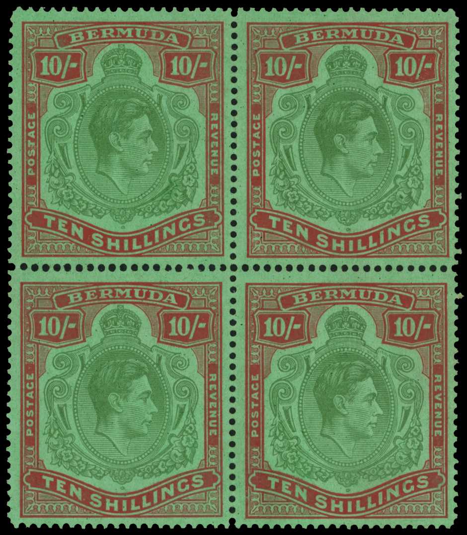 1942 10/- yellow-green and carmine on...