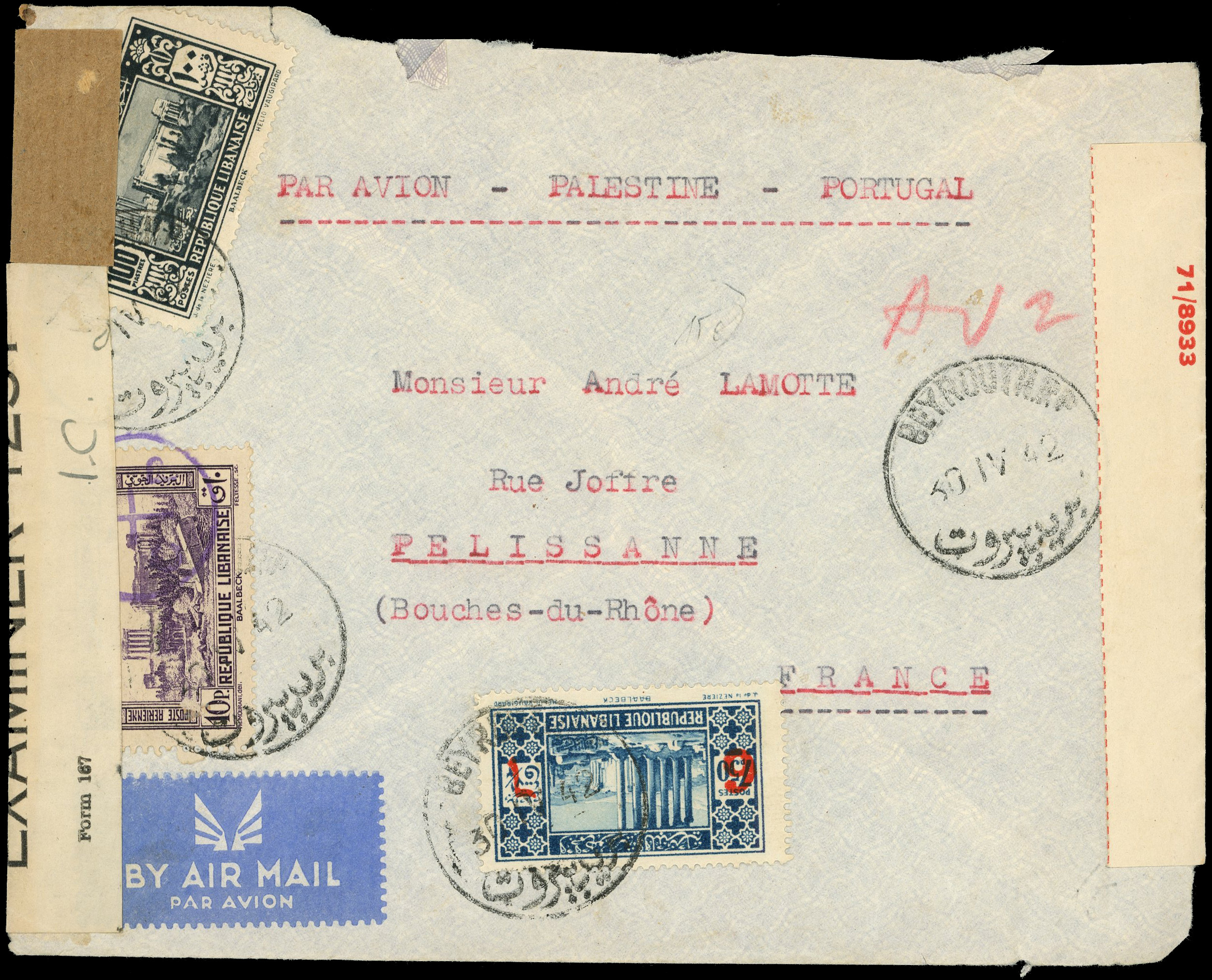 POSTAL HISTORY: 1942 Lebanon to France taken on an exceptional route via Bermuda