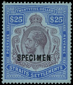 1921-33 $25 purple and blue on blue paper, watermark Script, overprinted SPECIMEN Type D12, fresh and fine, large part o.g....