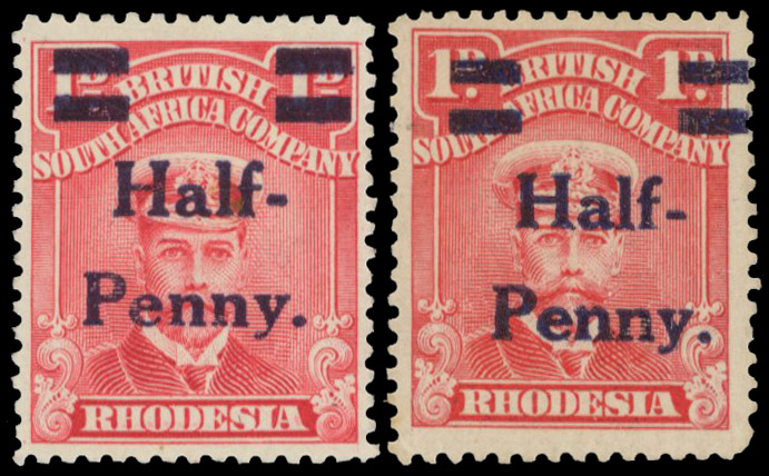 RHODESIA 1917 ½d on 1d rose-carmine shaded ear mint