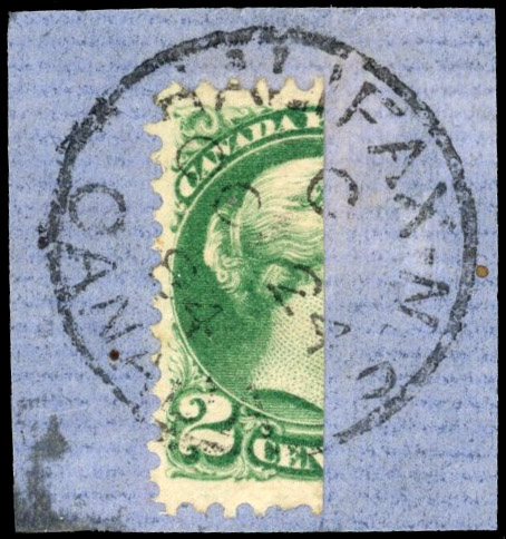 Canada 1870-90 2c grass-green bisected used on piece. SG 78c 