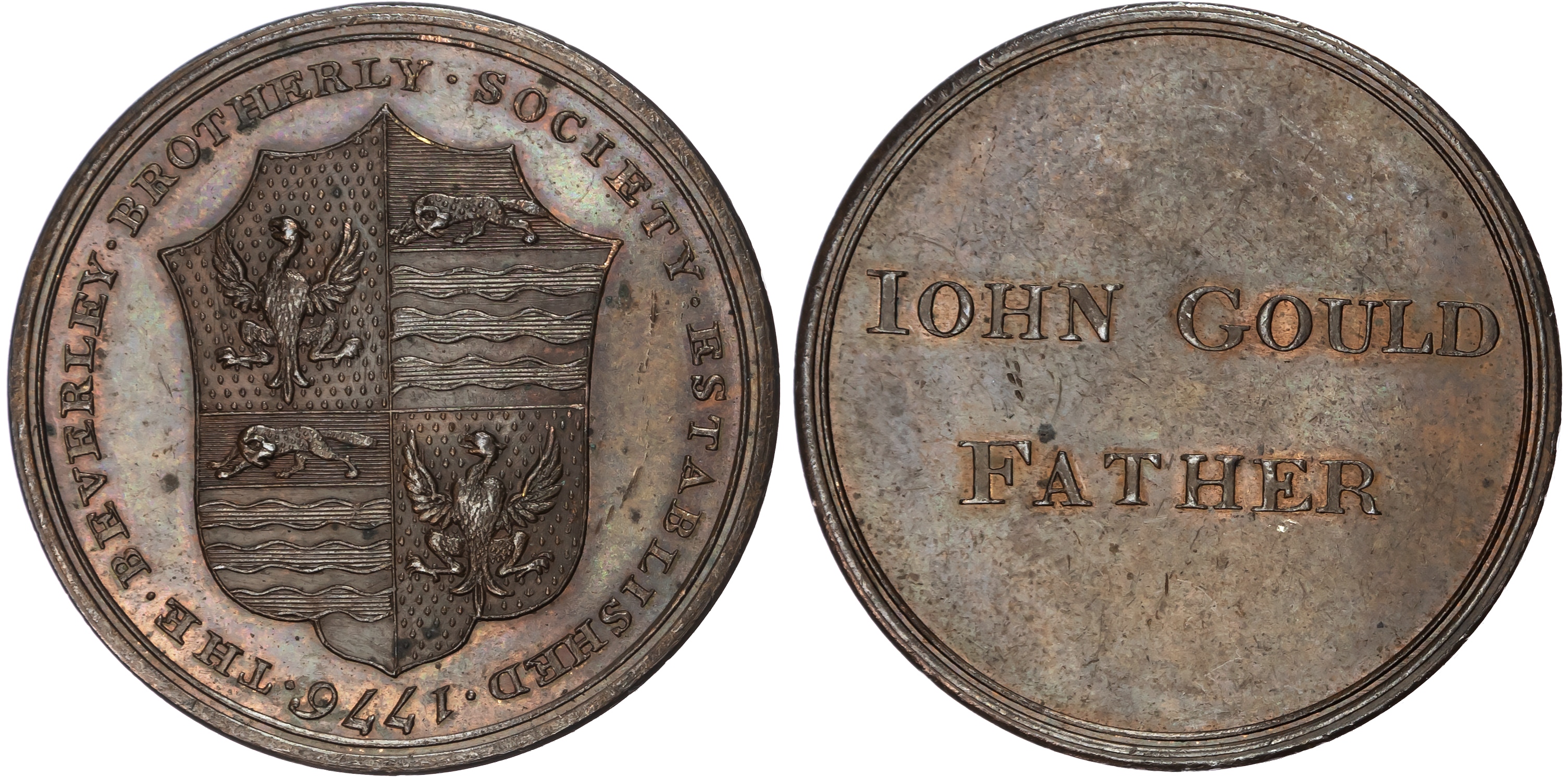 BEVERLEY, Yorks. John Gould of the Beverley Brotherly Soc. Penny (?) early 19th. c., Arms of the Soc., rev . J…