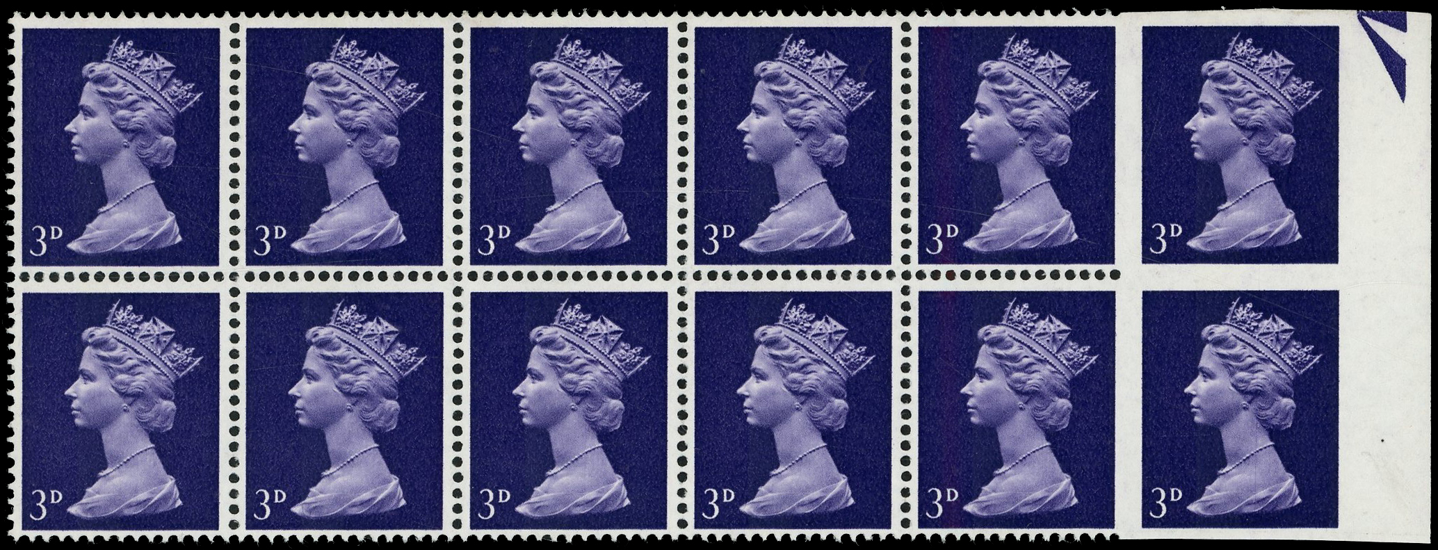 GB: 1967 3d violet r/h marginal block of 12 (6x2) the r/h vertical pair imperforate including the margin