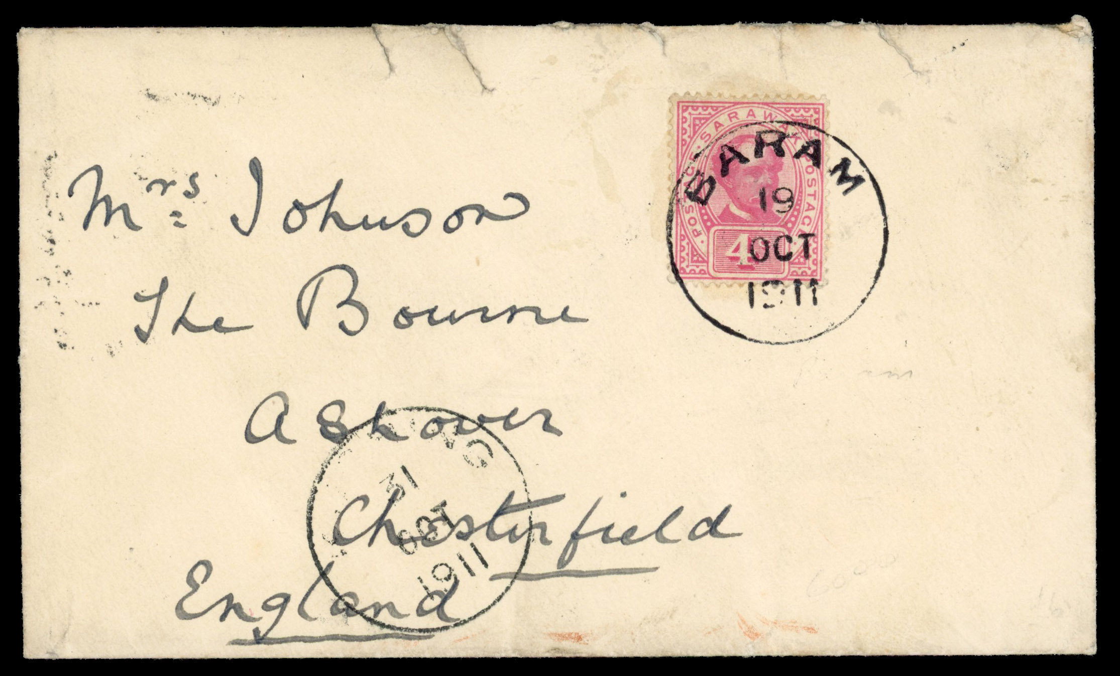 Sarawak 1911 cover to Chesterfield, England bearing 4c tied ‘BARAM/19/OCT/1911’ cds