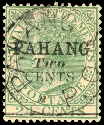 Malaya - Pahang 1891 2c on 24c green Surch Type 5, Used, SG 7.