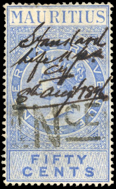 Mauritius Insurance 1879 50c handstamped INCE used