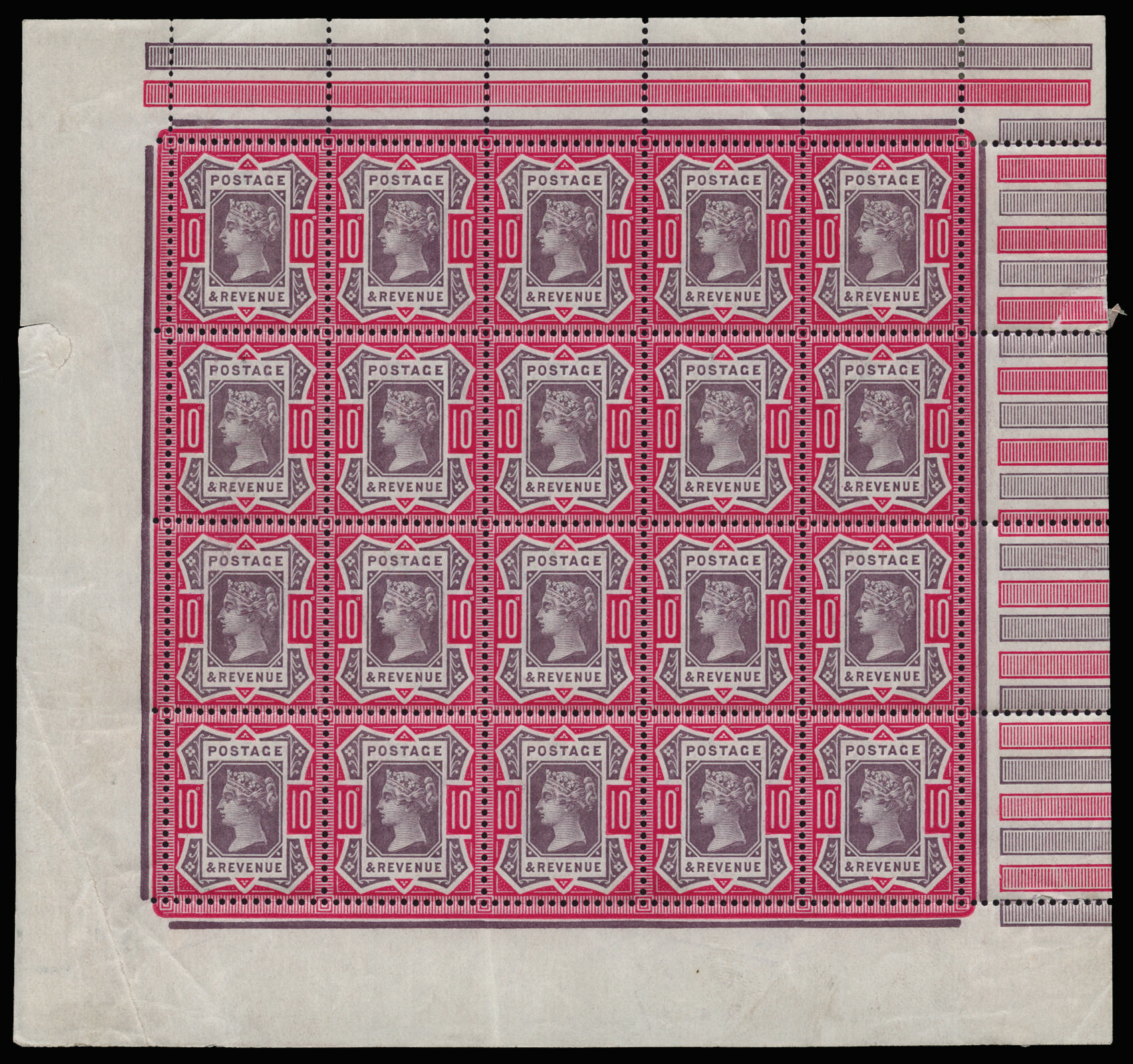 Great Britain 1890 10d Dull purple & carmine "Jubilee". Very fine unmounted o.g. complete pane of twenty with full…