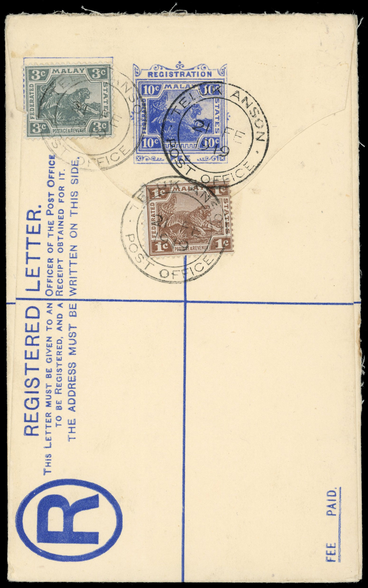 Federated Malay States 1919 registered p/s envelope used locally