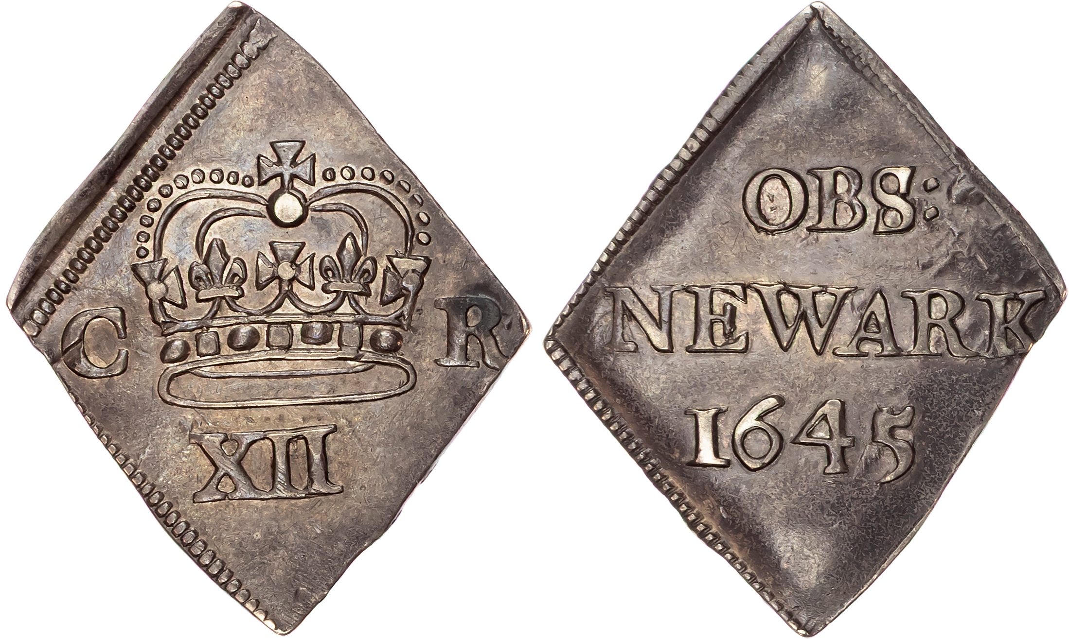 Charles I (1625-1649) Shilling, 1645, Civil War Siege Coinage, Obsidional Coinage, Newark besieged, on lozenge shaped flan. 