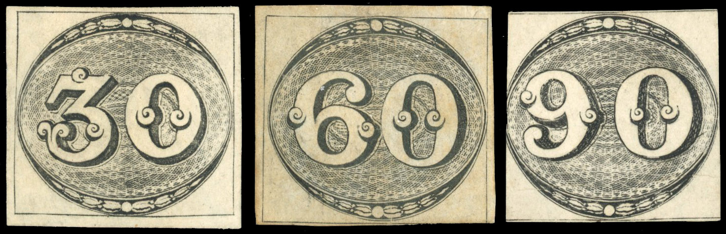 Brazil Bull's Eye 1843 Worn Impressions set of three unused