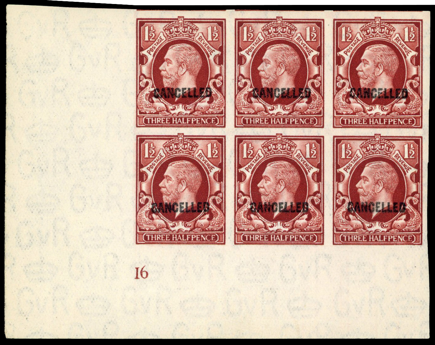 Great Britain SG 441var imperf colour trial block of 6 optd cancelled