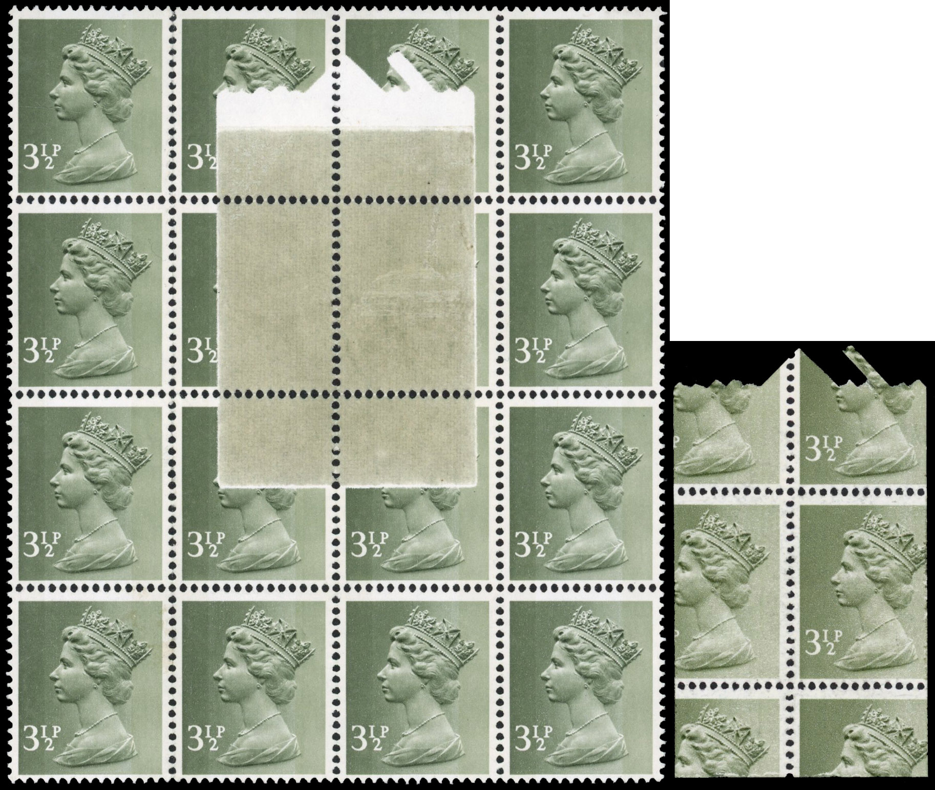 GB SG X859 1971 3p block showing large confetti flaw mint