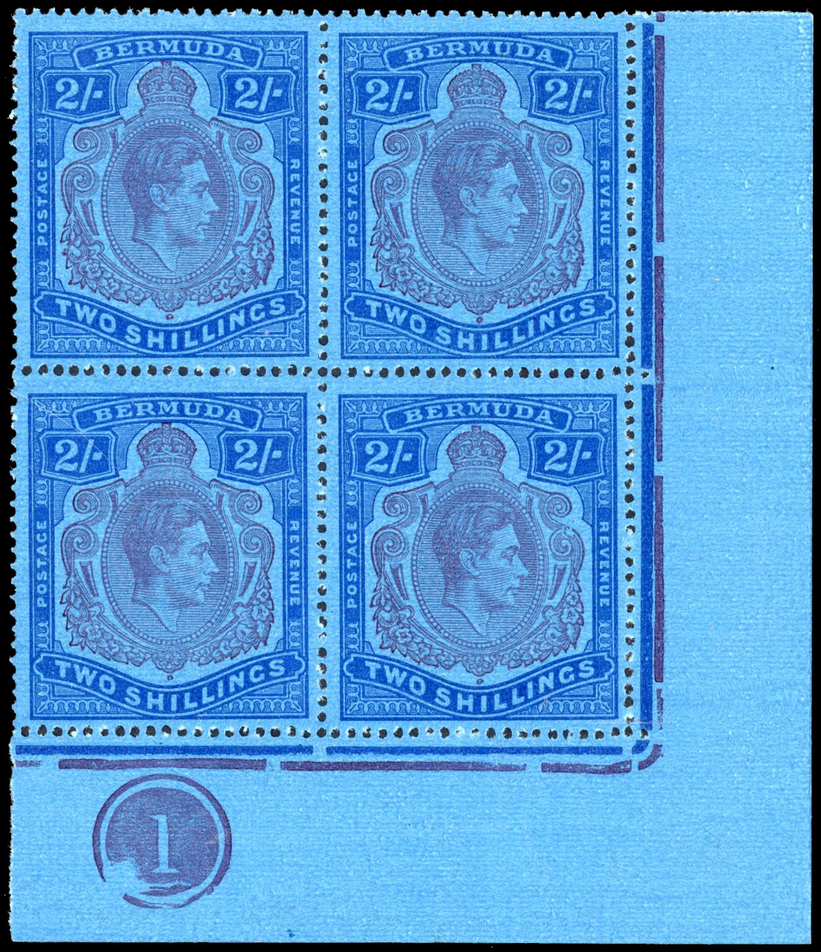Bermuda SG 116c/ce 1938-53 2s ordinary paper plate block variety Broken lower right scroll unmounted