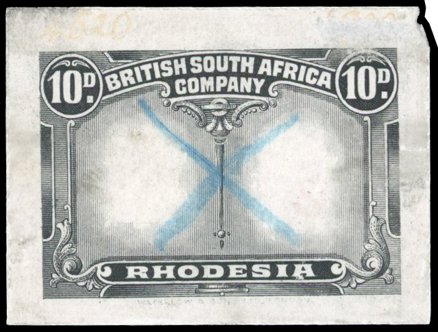 Rhodesia 1910-13 10d frame die proof in black