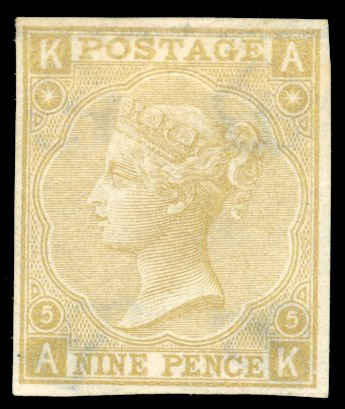 GB 1865-67 9d straw Pl. 5 (Wmk. Emblems), imperforate imprimatur "Abnormal", Spec. J95, SG 98var