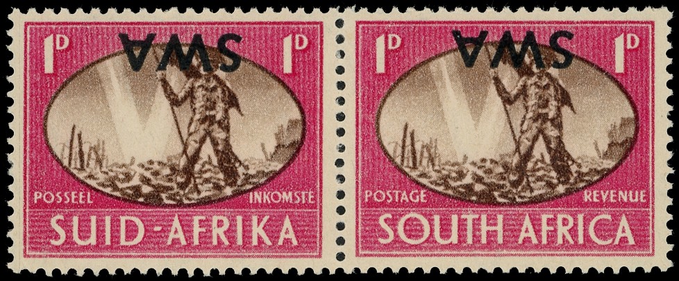 SWA: 1945 1d Victory horizontal pair overprint inverted fine unmounted o.g. SG...