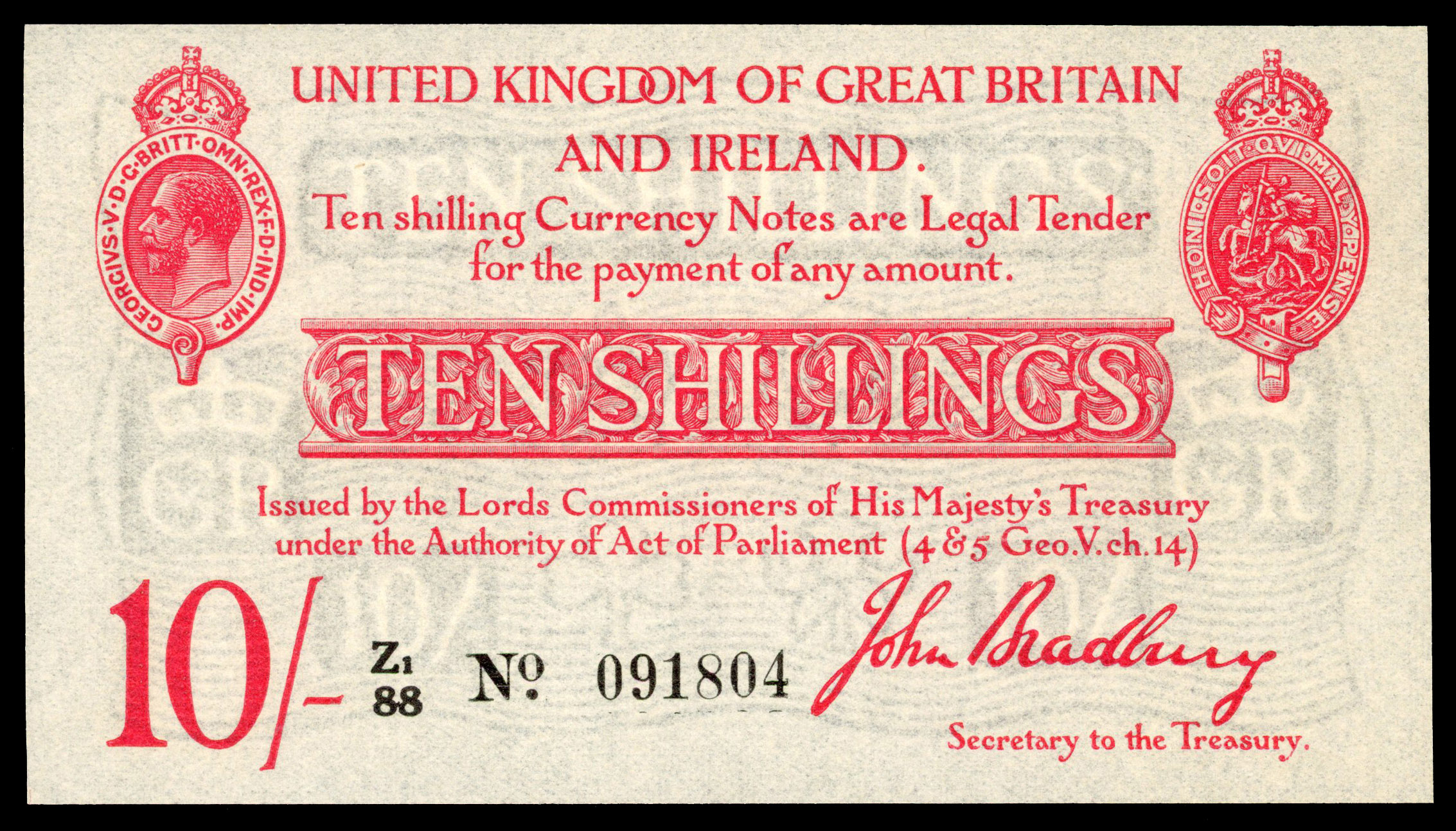 Treasury, J. Bradbury, Ten Shillings, August 1916, Z1/88 091804.