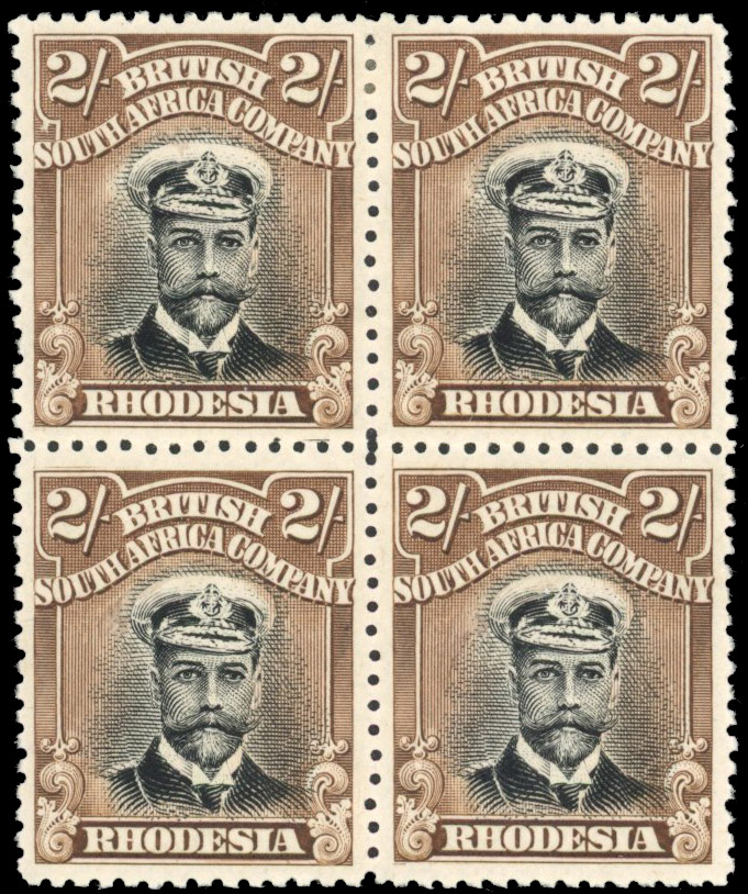 Rhodesia 2/- SG 214 block with printer's mark mint