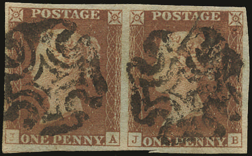 SG7 1841 1d Red brown Pl.1c Pair with faint letter