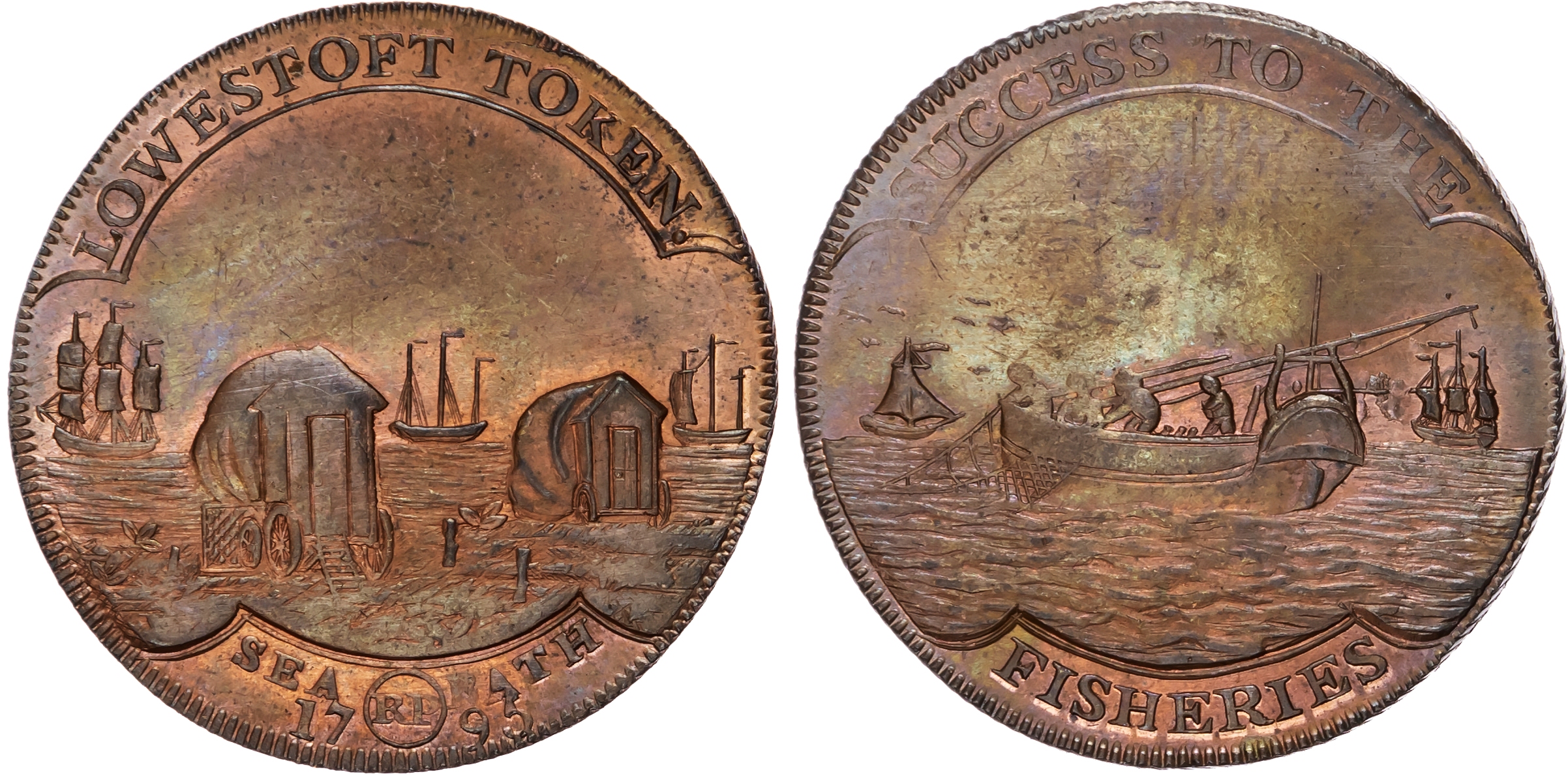 Suff. Lowestoft . Unknown issuer – RP (?) Halfpenny 1793, Bathing huts with ships behind, rev. fishing scene, …