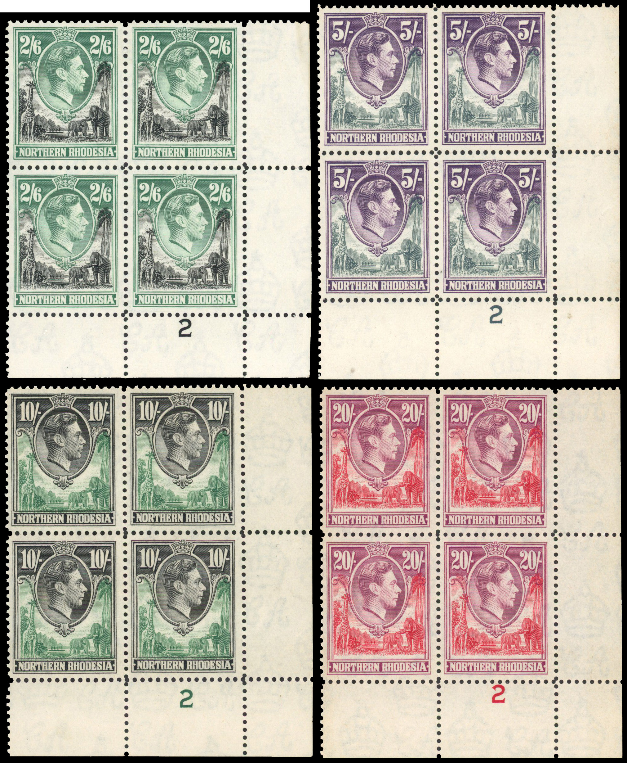 Northern Rhodesia SG 41, 43-5 Plate blocks mint