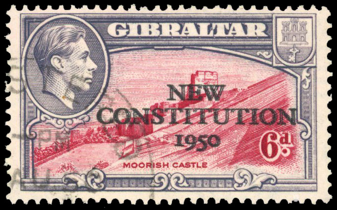 1950 New Constitution 6d carmine and grey-violet, error ‘OVERPRINT INVERTED’, fine used