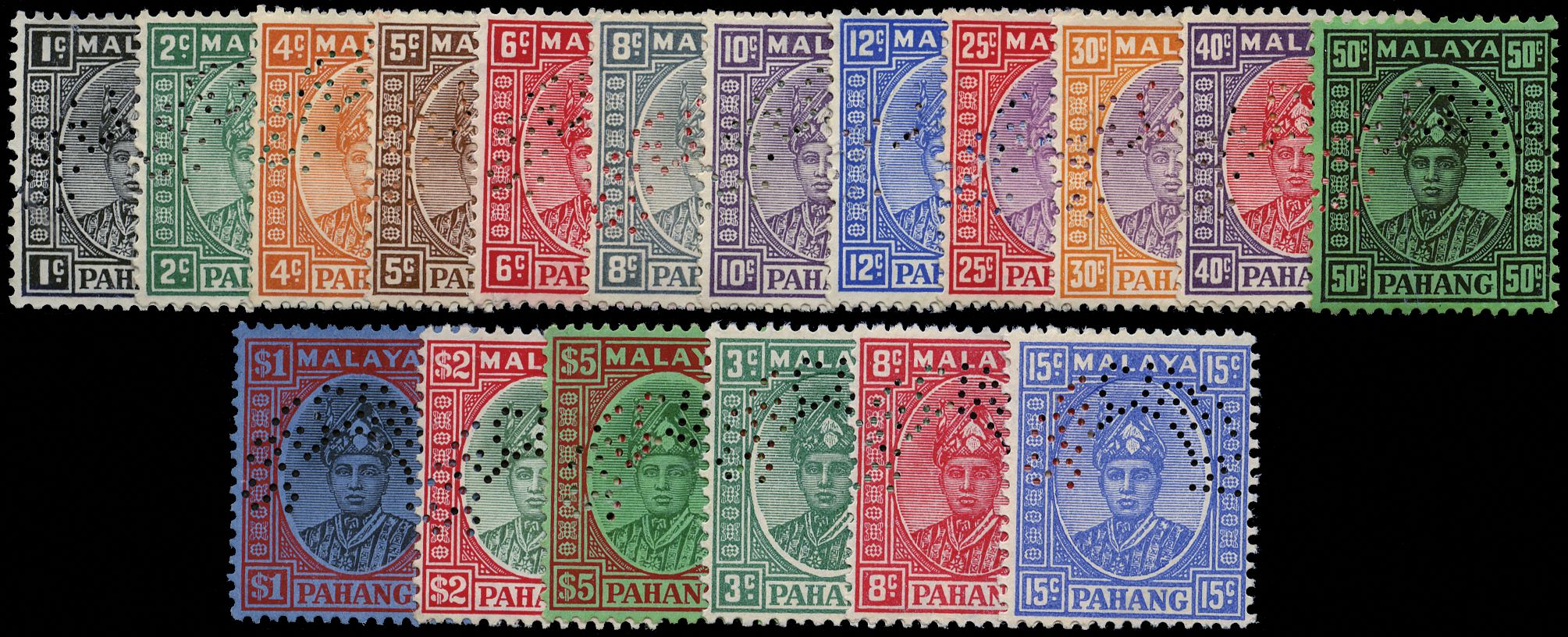 1935-41 set of eighteen perforated SPECIMEN Type D19, 20 or 21, o.g., fine except the 15ct with some marks on the reverse...
