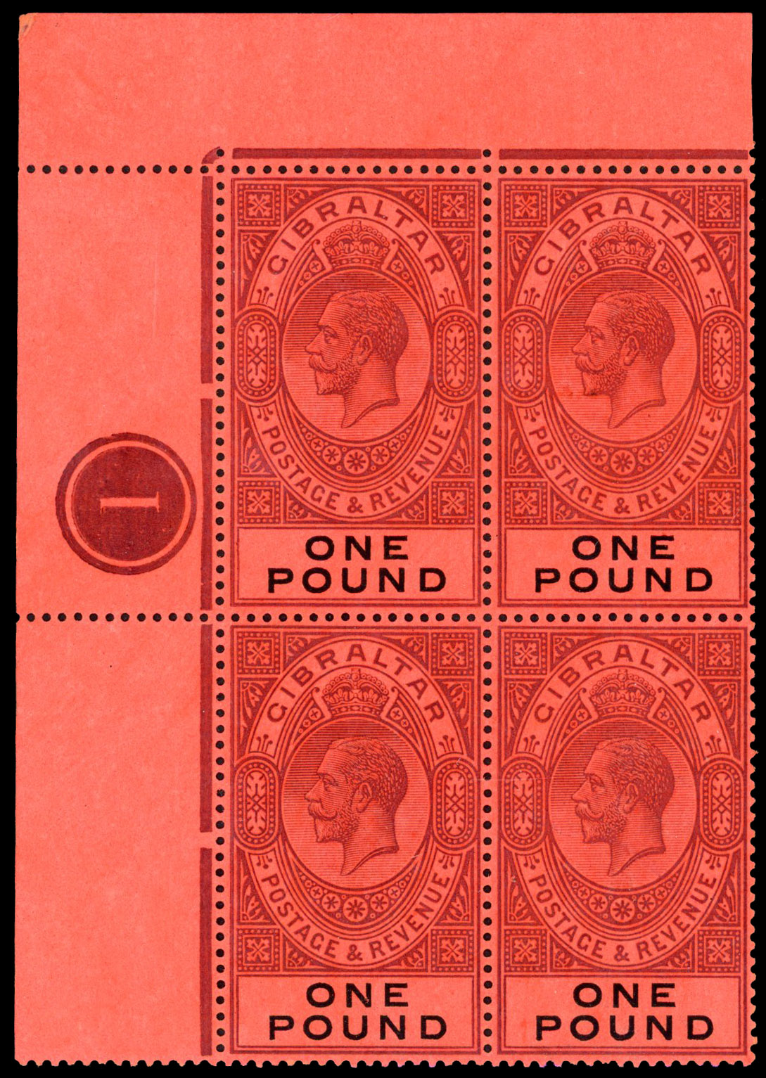 Gibraltar 1912-24 £1 plate block unmounted