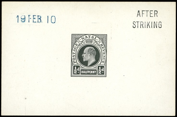1902 Die Proof of ½d completed design in black on glazed card 93 x 60mm, dated 19 Feb.10 in blue and marked AFTER...