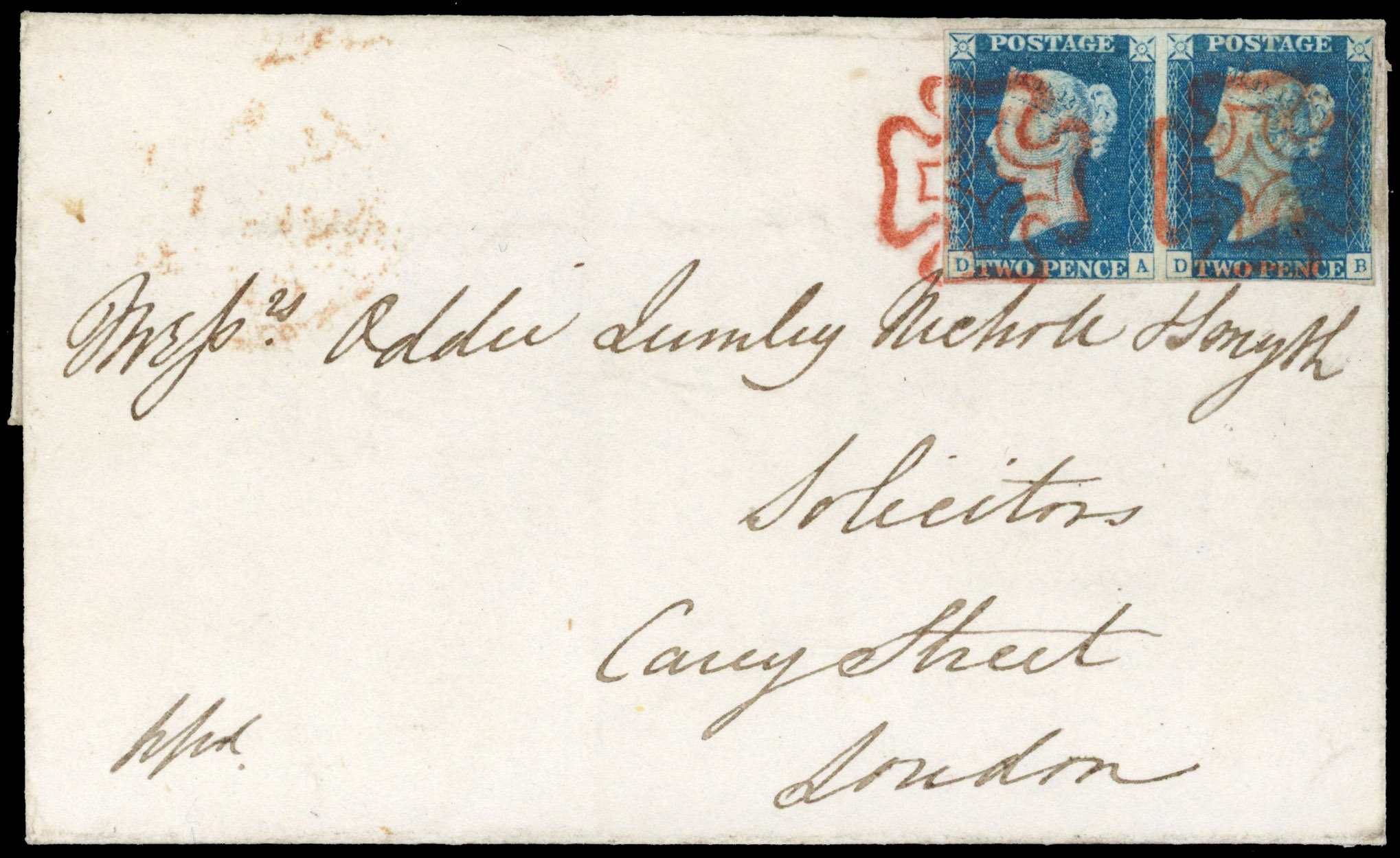 1840 cover to London franked by 2d blue pair