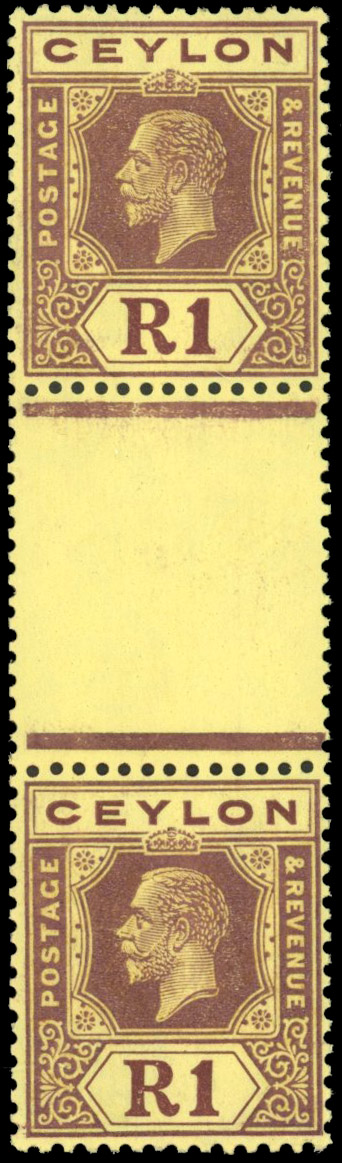 Ceylon 1921-32 Script wmk 1r purple on pale yellow, mint unmounted o.g. vertical gutter pair from November 1924 printing